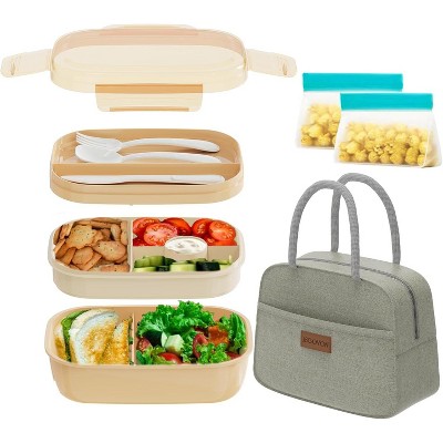 Bento Lunch Box Set - 3 Stackable Containers for Adults and Kids，lunch box for women- Includes Lunch Bag, Leak-Proof and Built-in Utensil Set