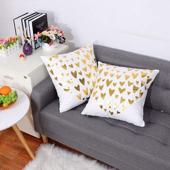 PiccoCasa 2 Pcs 18"x18" Polyester Gold Stamping Heart Print Decorative Pillow Cover White