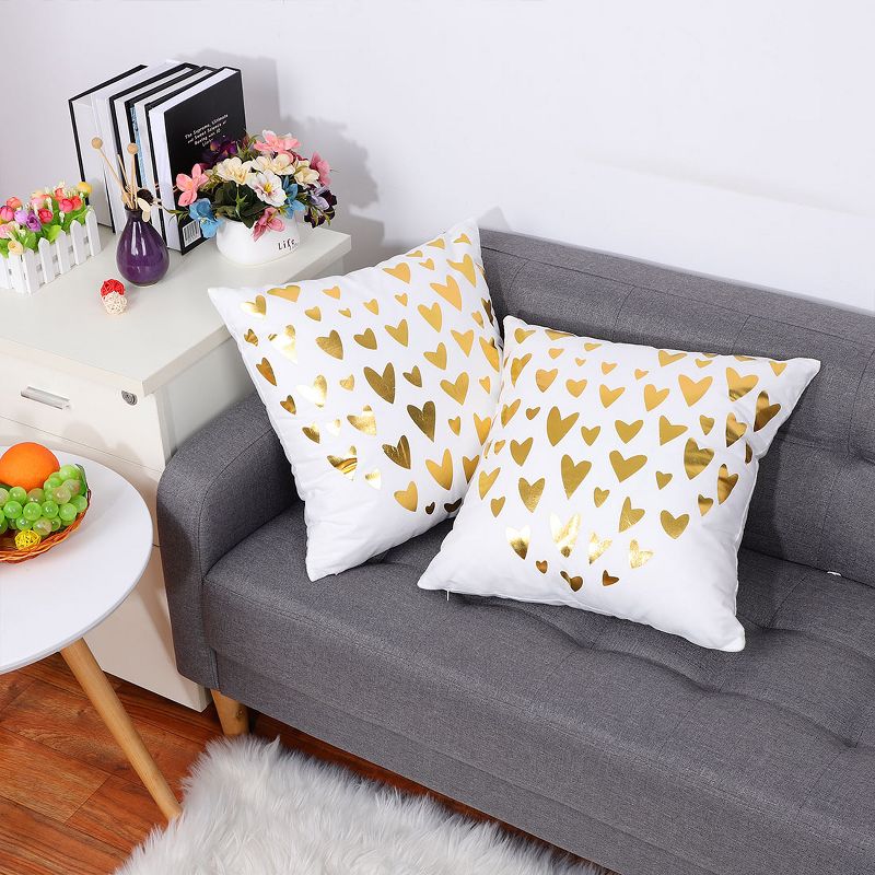 PiccoCasa 2 Pcs 18"x18" Polyester Gold Stamping Heart Print Decorative Pillow Cover White, 1 of 8