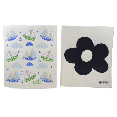 Swedish Dish Cloth 7.75" Sailboats & Dark Blue Flower Eco-Friendly Absorbant  -  Dish Cloth