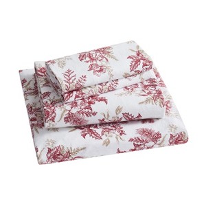 Kate Aurora Holiday Essentials Cozy Bed Collection Deep Pocket 100% Cotton Flannel Red Christmas Toile 4 Piece Sheet Set - 1 of 3