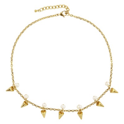 Slate by Rebl Spike & Pearl Chain Necklace  18K Gold Plated Stainless Steel