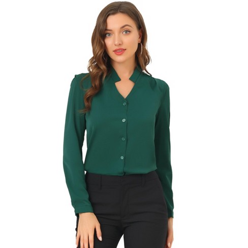 Allegra K Women s Elegant V Neck Work Office Button Up Shirt Green