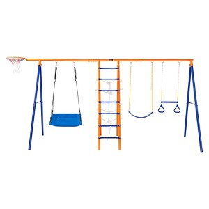 VEVOR Swing Sets for Backyard, 6 in 1 Swing Set with 2 Swings, Trapeze Bar, Climbing Ladder, Climbing Net, and Basketball Hoop, 440lbs Load Capacity - 1 of 4