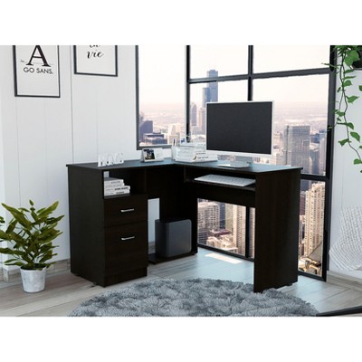 NicBex Home Office Desk L-Shaped Morden Computer Desk with Open Shelf, 2 Drawers, Keyboard Panel and Wooden Frame for Office, Living Room