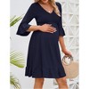 Maternity Women 3/4 Sleeve Smocked V Neck Dress Fall Casual Boho Flowy Ruffle Midi Dress for Baby Shower Photoshoot - 3 of 4