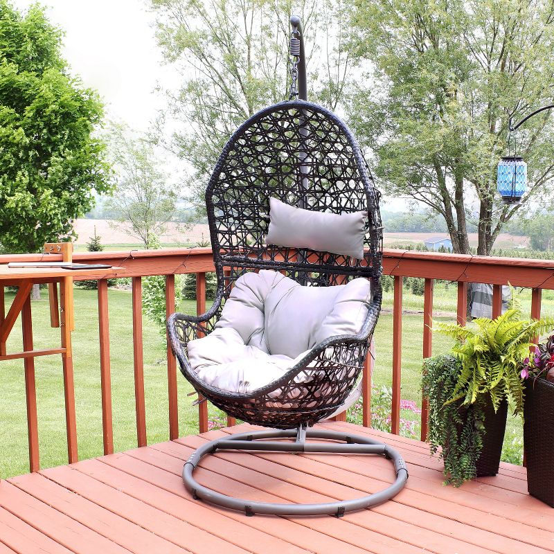 Sunnydaze Outdoor Resin Wicker Patio Cordelia Hanging Basket Egg Chair Swing with Cushion, Headrest, and Steel Stand Set- 3pc, 5 of 16