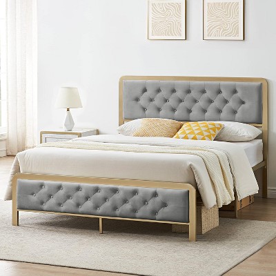 Golden Full Upholstered Bed Frame w/Button Tufted Headboard - Heavy Duty Metal, 12.6" Storage, No Box Spring Needed, Easy Assembly (Grey)