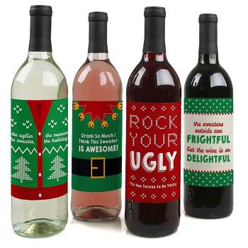 Big Dot of Happiness Ugly Sweater - Holiday and Christmas Wine Bottle Label Stickers - Set of 4