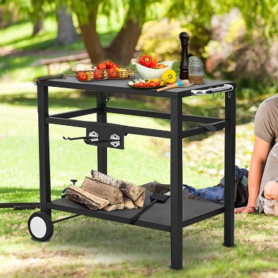 Outdoor Grill Cart with Wheels, Heavy-Duty Grill Table & Portable BBQ Prep Station, Side Hooks - Woodfire Pizza Oven Stand, for Outdoor Kitchen