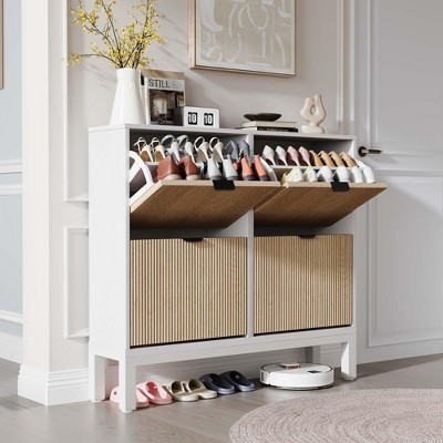 Shoe Storage Cabinet with 4 Flip Drawers, Farmhouse Fluted Shoe Organizer with Metal Legs
