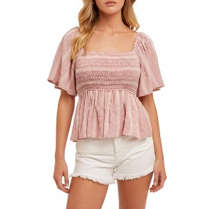 Knit & Lounge Women’s Smocked Flutter Sleeve Peplum Blouse Lightweight Woven Square Neck Short Sleeve Soft Top - 1 of 4