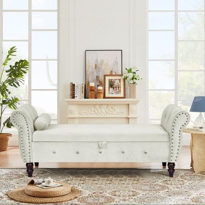 63" Velvet End Of Bed Storage Bench King Size,Rolled Armstorage Ottoman Bench,Crystal Button Tufted Ottoman For Living Room-Cuddlewood