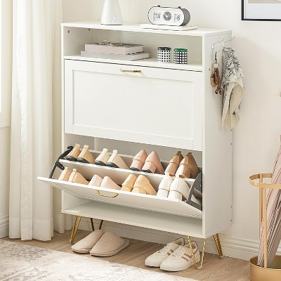 MaseiKar Shoe Cabinet, Shoe Storage Cabinet for Entryway, with 2 Flip Drawers, Hidden Tipping Bucket Shoe Cabinet, with Open Shelves and Coat Hooks
