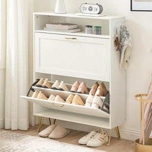 MaseiKar Shoe Cabinet, Shoe Storage Cabinet for Entryway, with 2 Flip Drawers, Hidden Tipping Bucket Shoe Cabinet, with Open Shelves and Coat Hooks - 1 of 4