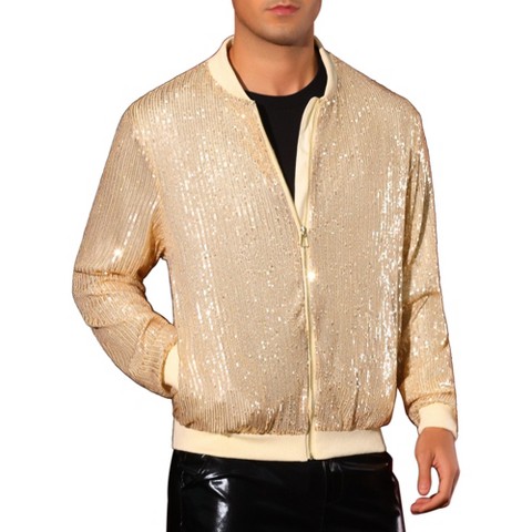 Lars Amadeus Men's 70s Disco Zipper Metallic Shiny Sequin Varsity Jacket Golden Small
