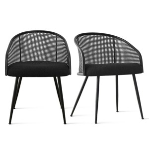 Panipeachy Rattan Dining Chairs Set of 2, Modern Upholstered Dining Armchair with Bouclé Seat, Black Matte Metal Legs - 1 of 4