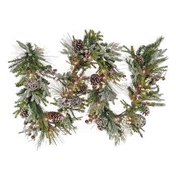 HGTV Home Collection 9ft Pre Lit Artificial Christmas Garland, Mixed Branch Tips , Decorated with Pinecones, Berries, Snowflakes, and Ornaments