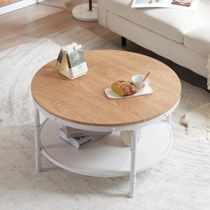 VINGLI 31.5" Round Farmhouse Coffee Table, 2-Tier Storage Wood Center Table for Living Room, Sturdy Metal Frame, White Natural Wood - 1 of 4