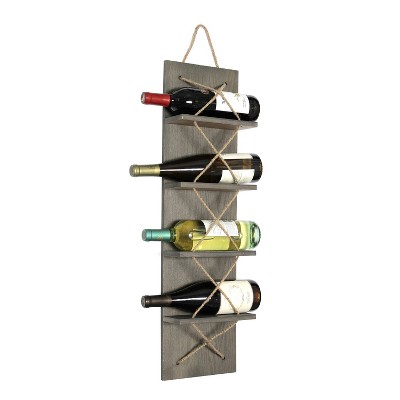 Rustic Gray Pine Wood Wall-Mounted Wine Rack with Natural Rope Accents