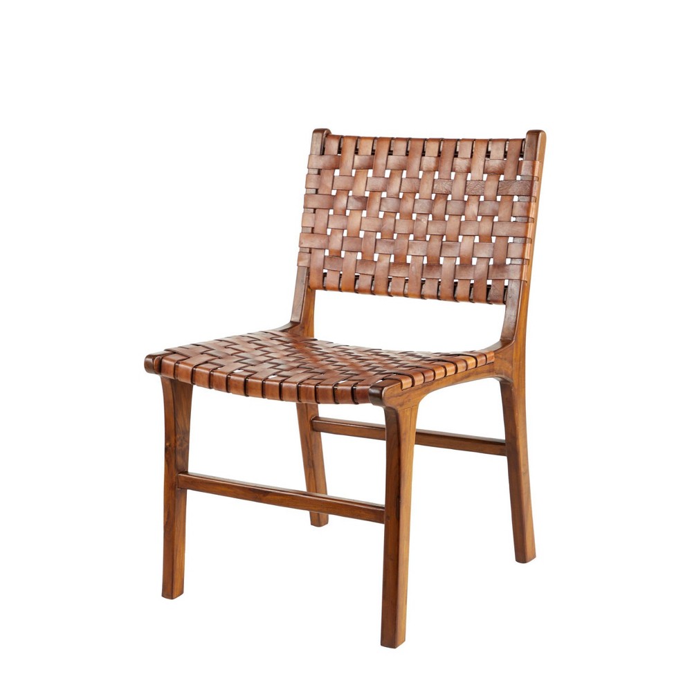 Photos - Garden Furniture Set of 2 Contemporary Leather and Teak Dining Chairs Brown - Olivia & May