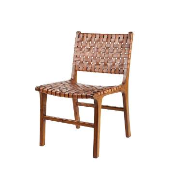 Set of 2 Contemporary Leather and Teak Dining Chairs Brown - Olivia & May