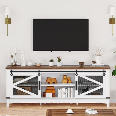 75" Rustic TV Stand with Storage - Entertainment Center with 2 Sliding Barn Doors & 2 Open Shelves, 28" Tall Media Console for Living Room