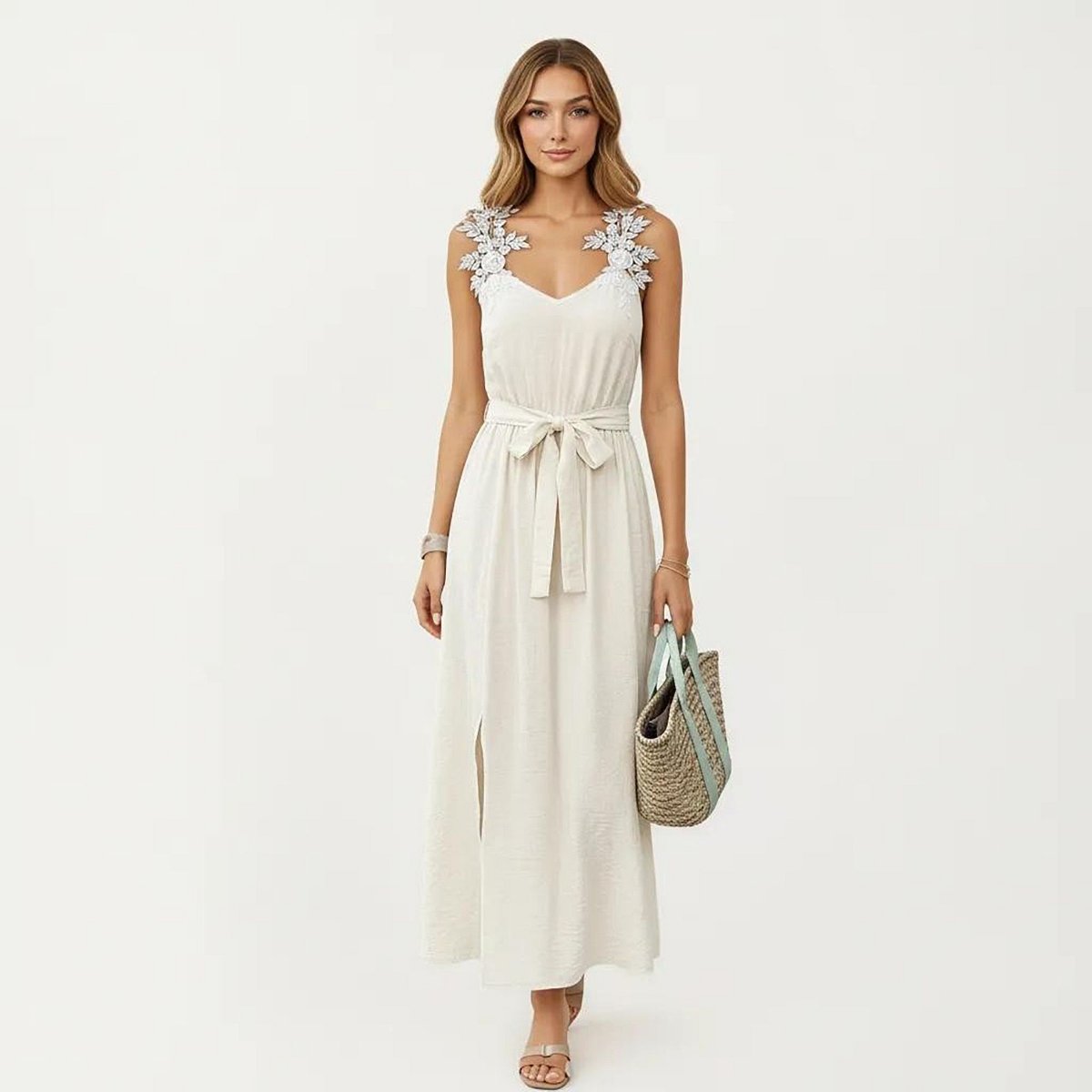 Женские платья Anna-Kaci Women's Sleeveless Maxi Dress with Floral Applique Straps Belted Waist and Front Slit - Small, Light Beige — фото 2