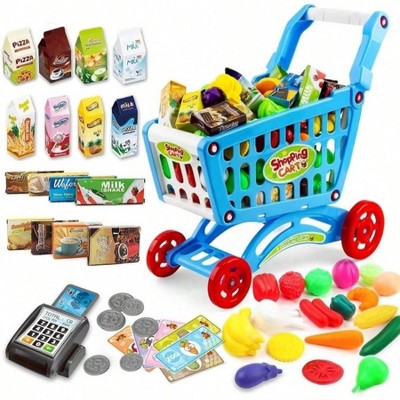 Shopping Cart Trolley for Groceries, 65 Food Fruit Vegetables Pretend Play Toy, Kitchen Store Playset Blue