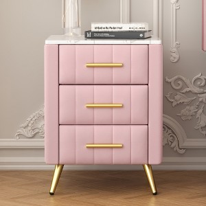LIVAREEmlen Upholstered Wooden Nightstand with 3 Drawers and Metal Legs&Handles, Bedside Table with Marbling Stickers Worktop - 1 of 4