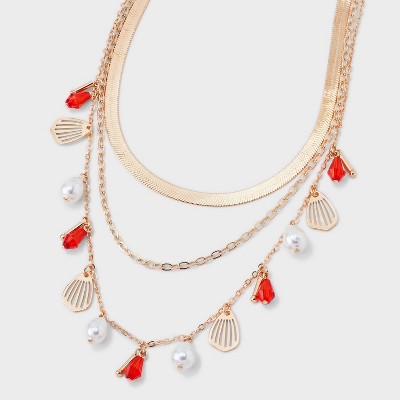 Pearl and Shell Charm Multi-Strand Necklace - A New Day™ Coral Orange: Nickel-Free, Lobster Claw Clasp