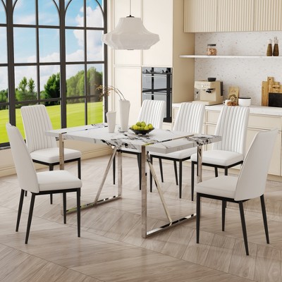 7-Piece Dining Table Set Dining Set with Rectangular Round Faux Marble Dining Table, 6 PU Leather Chairs, White/Black-ModernLuxe