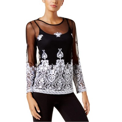 I.N.C International Concepts Womens Embroidered Pullover Blouse, Black, Medium
