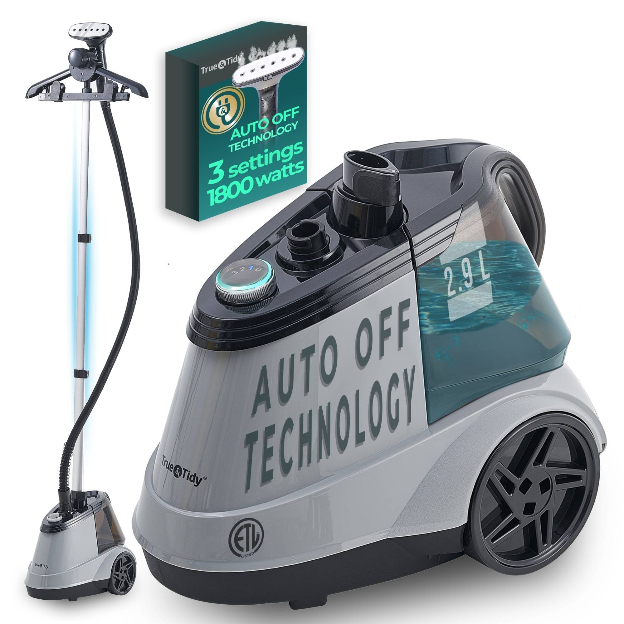 True & Tidy Heavy Duty 1800W Smart Auto Shut-off Garment Steamer with Water Sensor and Beep Alert Gray