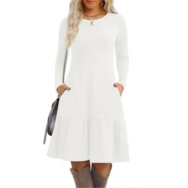 a line sweater dress knee length Zeagoo Womens Dresses Fall 2026 Long Sleeve A-Line Crew Neck with Pockets Casual Pleated Ribbed Knit Dress White XXL : Target NECK DRESS