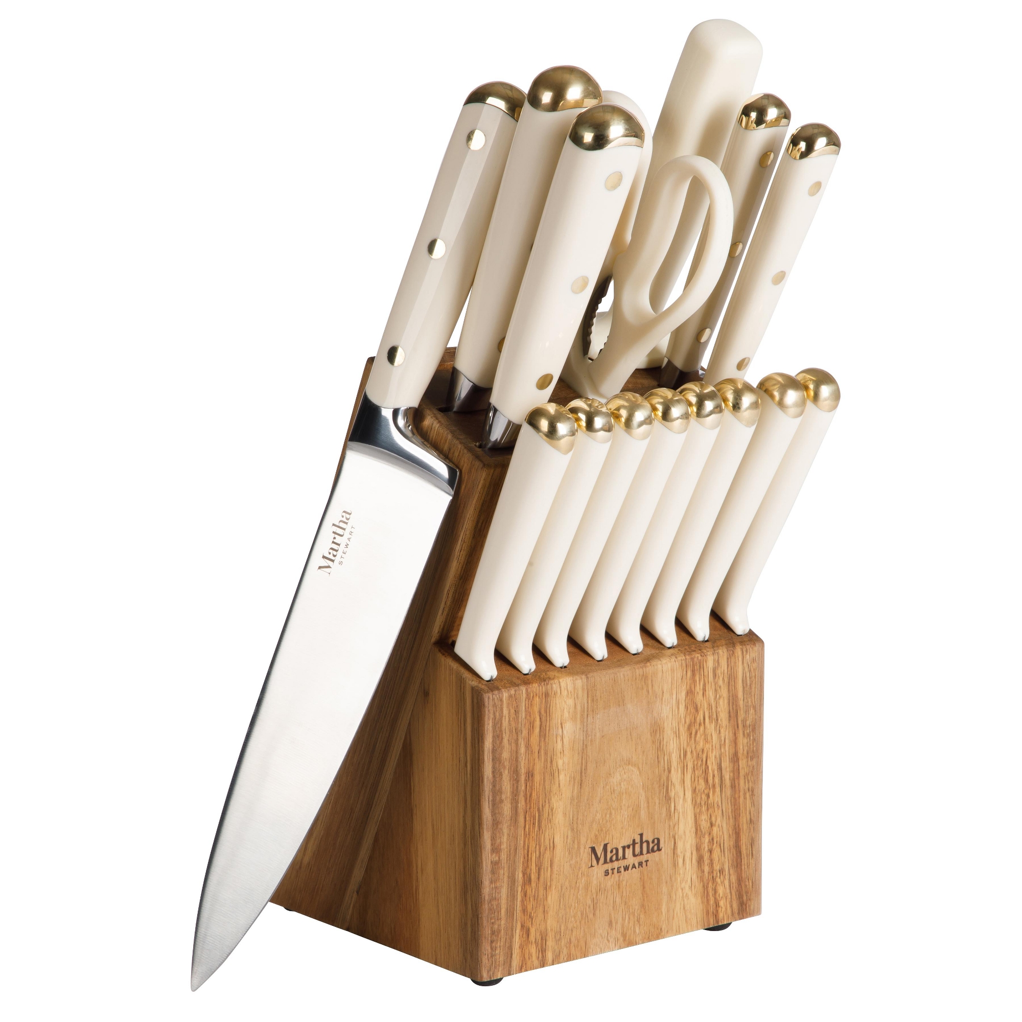 Martha Stewart 16 Piece Lockton High Carbon Stainless Steel Cutlery w/ Acacia Wood Block - Linen
