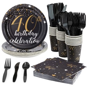 Blue Panda 144 Piece 40th Birthday Party Supplies Set, Black and Gold Plates, Napkins, Cups, Cutlery, and Decorations, Serves 24 - 1 of 4