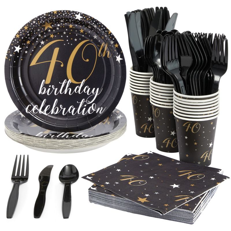 Blue Panda 144 Piece 40th Birthday Party Supplies Set, Black and Gold Plates, Napkins, Cups, Cutlery, and Decorations, Serves 24, 1 of 10