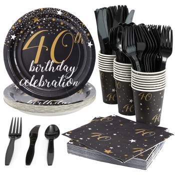 Blue Panda 144 Piece 40th Birthday Party Supplies Set, Black and Gold Plates, Napkins, Cups, Cutlery, and Decorations, Serves 24