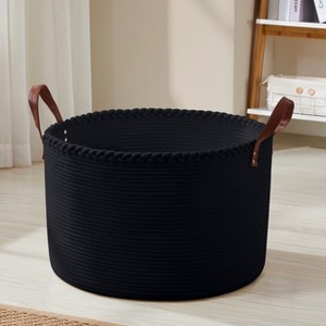 Ornavo Home 21" Large Round Cotton Rope Storage Basket Laundry Hamper with Faux Leather Handles - 1 of 4