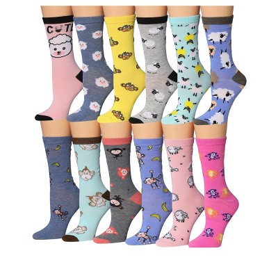 Tipi Toe Women's 12 Pairs Lightweight Colorful Sheep Monkey Animal Patterned Crew Socks
