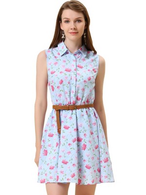 INSPIRE CHIC Women's Floral Sleeveless Half Placket Mini Belted Summer Dress