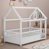 Twin Size Wooden Floor Bed with House Roof Frame and Fence Guardrails - 2 of 4