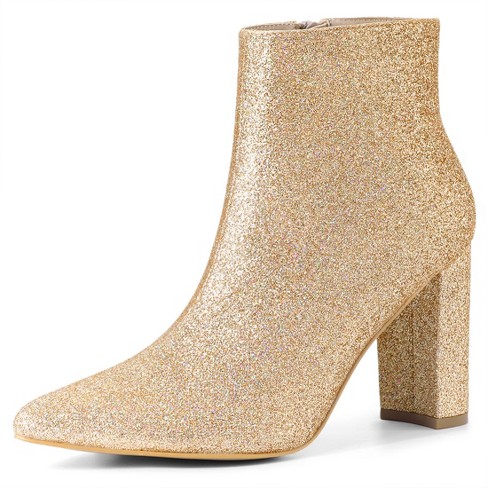 Allegra K Women's Pointed Toe Chunky Heel Ankle Boots Gold 8 : Target