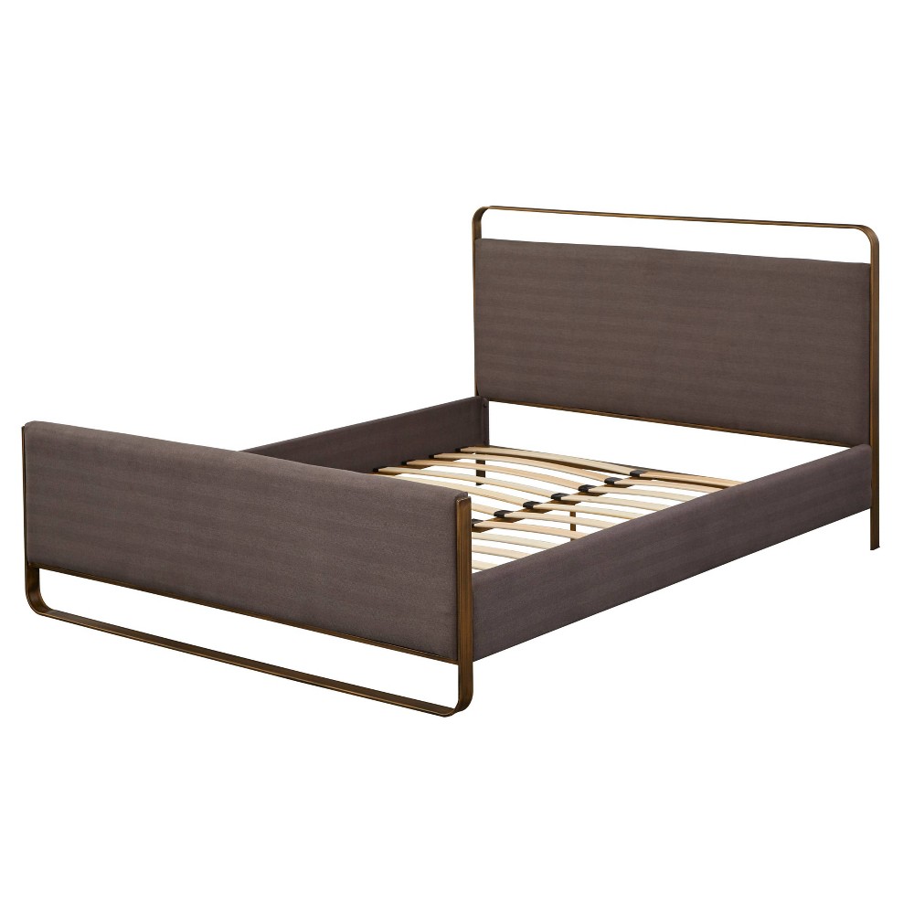 Photos - Bed Queen Doreen Upholstered Platform  Gray - angelo:HOME: Antique Brass Metal Frame, Polyester Herringbone