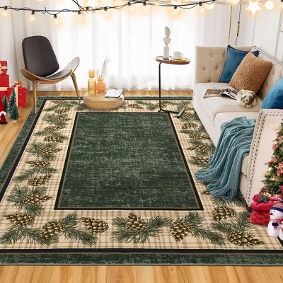 Christmas Washable Area Rug, Non Slip Checkered Low Pile Carpet with Pine Cones, Foldable Soft Floor Mat for Living Room Bedroom Holiday