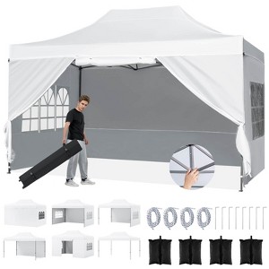Costway 10 X 14 FT Pop up Canopy Tent with 4 Sidewalls, Wheeled Bag, 4 Sandbags, 8 Stakes White/Gray - 1 of 4