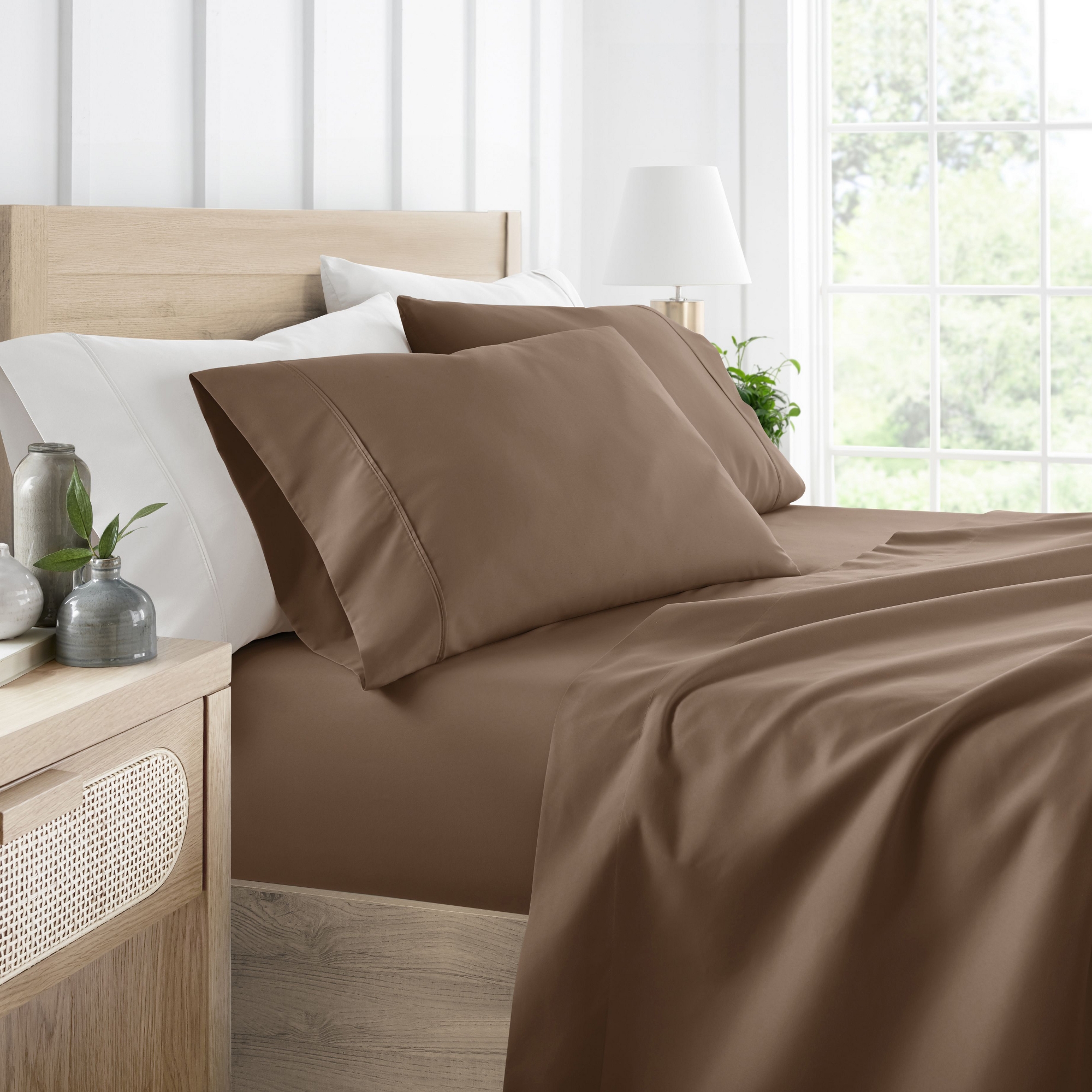 4 Piece Bed Sheet Set Solid Double Brushed Microfiber, Ultra Soft, Deep Pocket - Becky Cameron, Taupe Beige, Queen