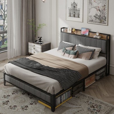 ALEXOUN Bed Frame with Storage Upholstered Headboard,Black Metal Frame,No Box Spring Needed,Heavy Duty Metal Slats,Easy Assembly,Grey
