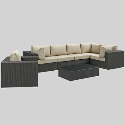 Sojourn 7pc Outdoor Patio Sectional Set with Sunbrella Fabric - Beige - Modway